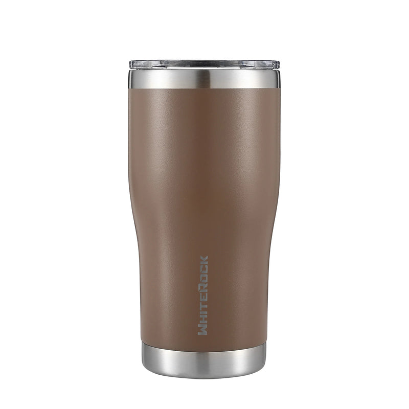 Load image into Gallery viewer, WhiteRock 20oz insulated travel tumbler in saddle tan with stainless steel rim and lid
