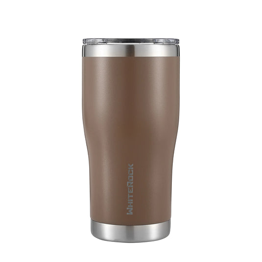WhiteRock 20oz insulated travel tumbler in saddle tan with stainless steel rim and lid