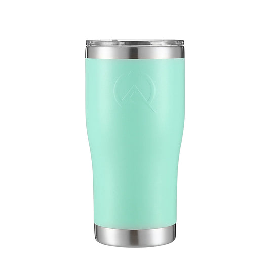 Teal green insulated stainless steel tumbler with clear lid and etched logo
