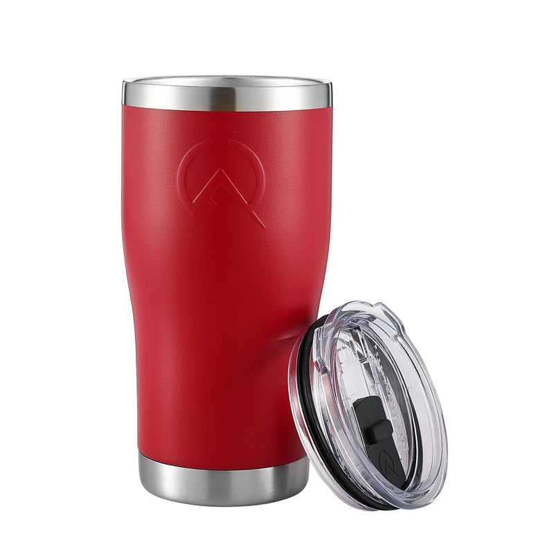 Load image into Gallery viewer, Red insulated stainless steel 20oz tumbler with clear plastic lid, non-slip grip, and logo
