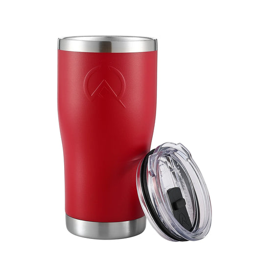 Red insulated stainless steel 20oz tumbler with clear plastic lid, non-slip grip, and logo