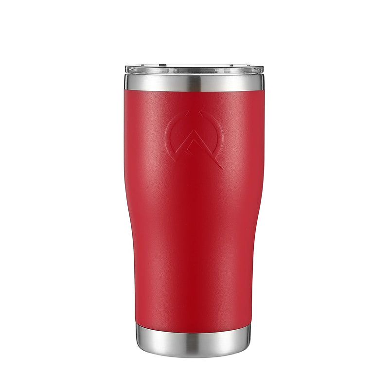 Load image into Gallery viewer, Red insulated stainless steel tumbler with silver rim and base, embossed logo on front
