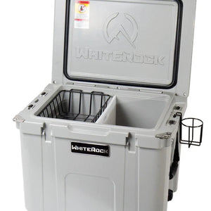 WhiteRock heavy-duty gray cooler with open lid, interior divider, wire basket, and side cup holder