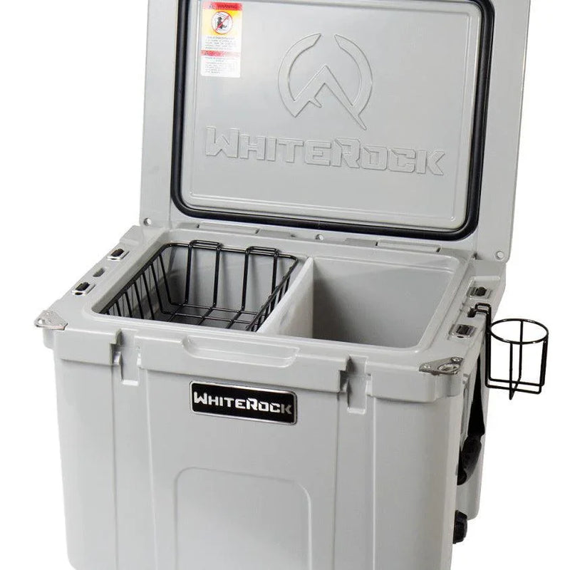 Load image into Gallery viewer, WhiteRock gray heavy-duty cooler with wire basket and cup holder, open lid showing interior
