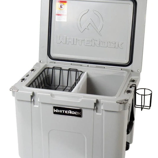 WhiteRock heavy-duty gray cooler with open lid, featuring a wire basket and side cup holder