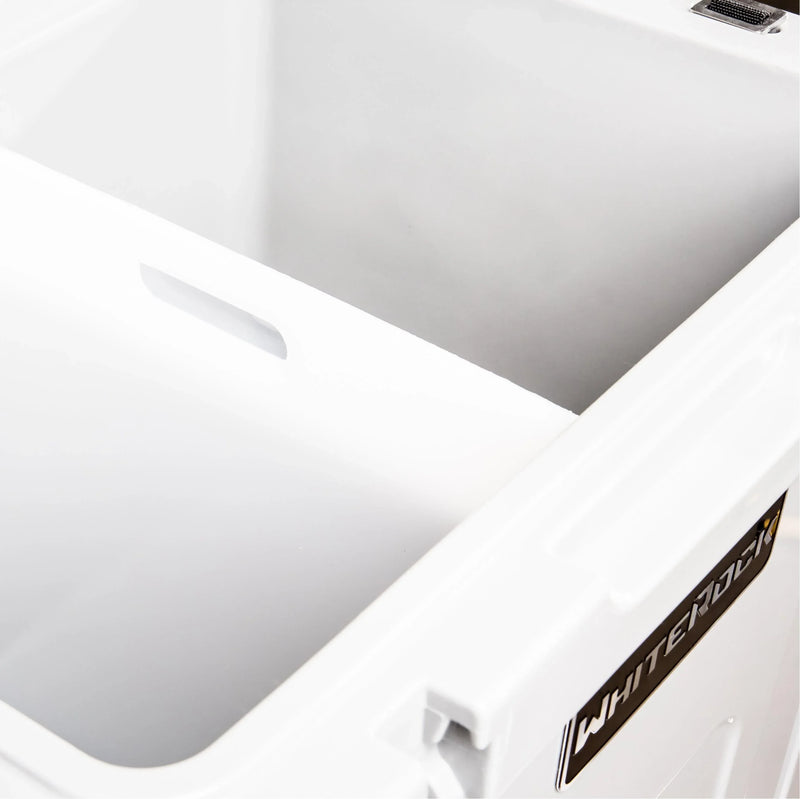 Load image into Gallery viewer, Open white WhiteRock heavy-duty cooler showing spacious insulated interior and side handle

