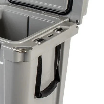 Load image into Gallery viewer, WhiteRock durable cooler with easy-out black handles and secure lid open in gray plastic.
