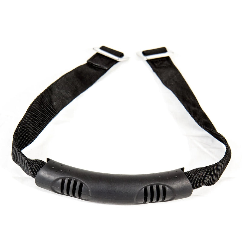 Load image into Gallery viewer, Black plastic handle with attached nylon straps and metal clips on white background
