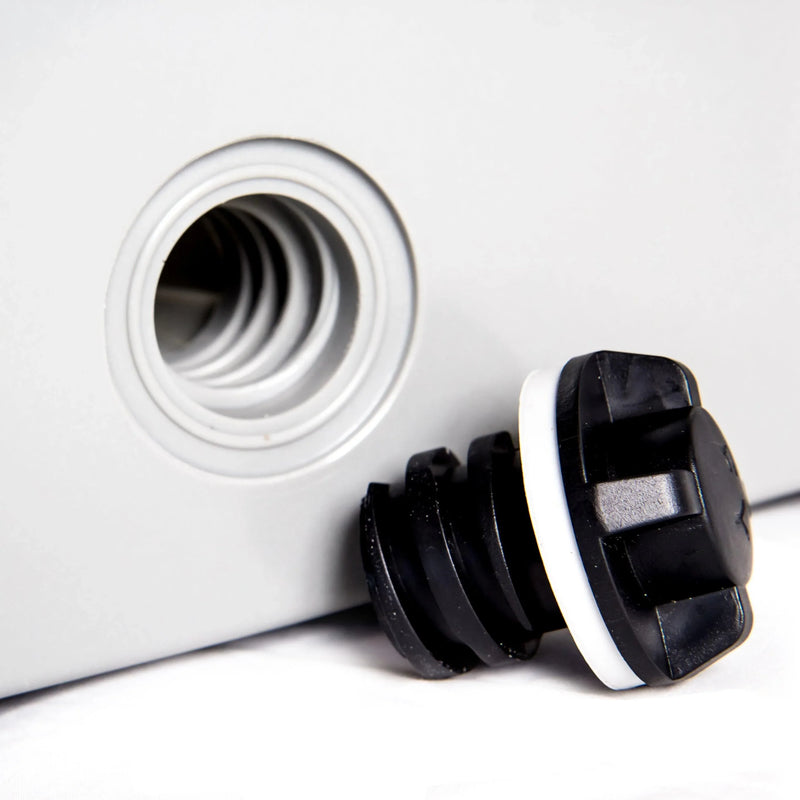 Load image into Gallery viewer, Black rubber stopper with white gasket beside threaded white plastic opening
