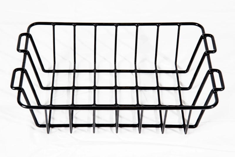 Load image into Gallery viewer, Black metal wire basket with handles on white background, rectangular storage container
