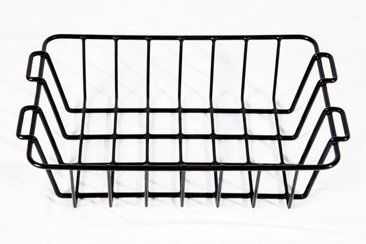 Black metal wire storage basket with handles on white background