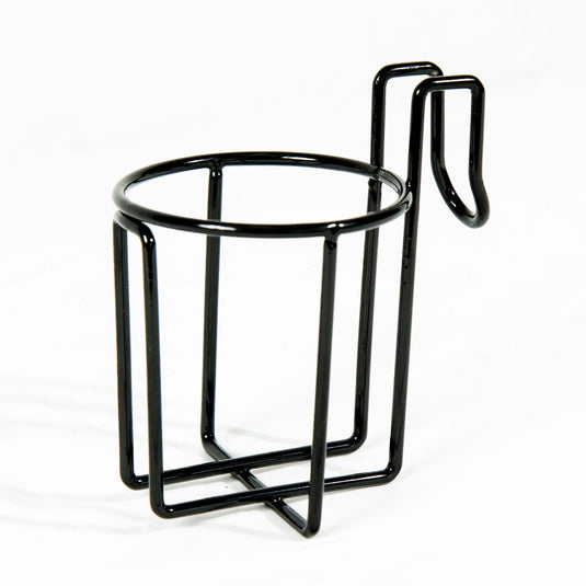 Black metal wire cup holder with clip for attaching on white background