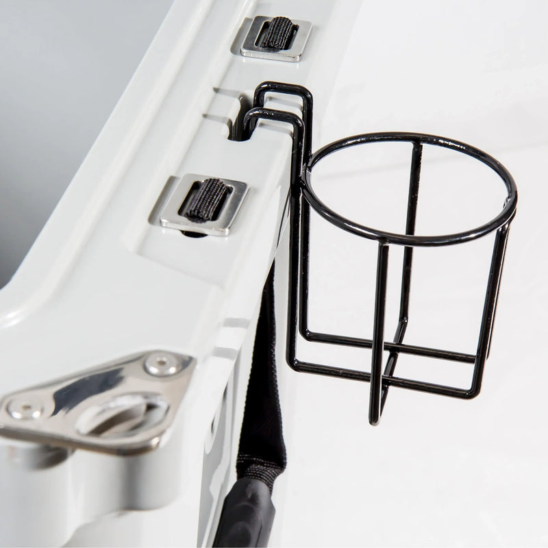 Load image into Gallery viewer, Black metal drink holder attached to the side of a white cooler with latches and handles
