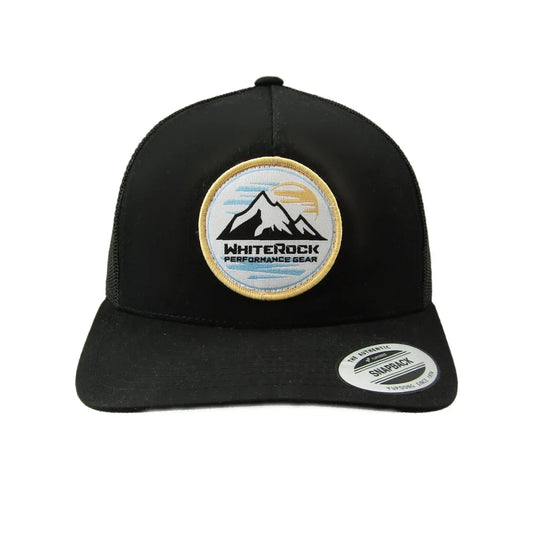 Black mesh snapback cap with White Rock Performance Gear mountain logo patch