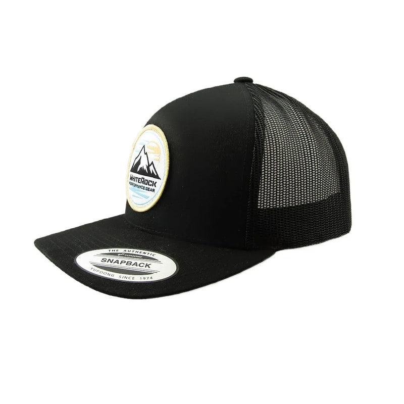 Load image into Gallery viewer, Black mesh snapback hat with White Rock Performance Gear mountain patch and flat brim
