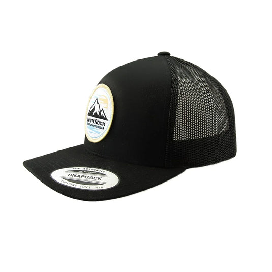 Black mesh snapback hat with White Rock Performance Gear mountain patch and flat brim