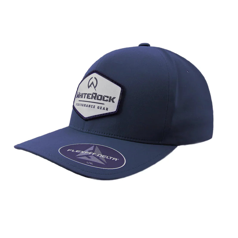Load image into Gallery viewer, navy blue WhiteRock Performance Gear Flexfit Delta baseball cap with logo patch
