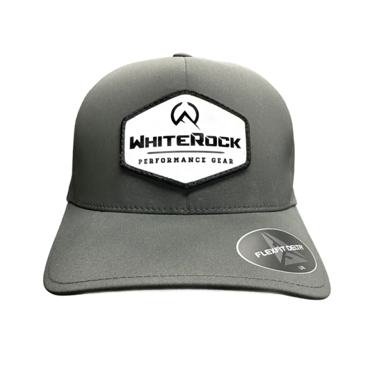 Gray WhiteRock Performance Gear cap with flex fit delta sticker on brim