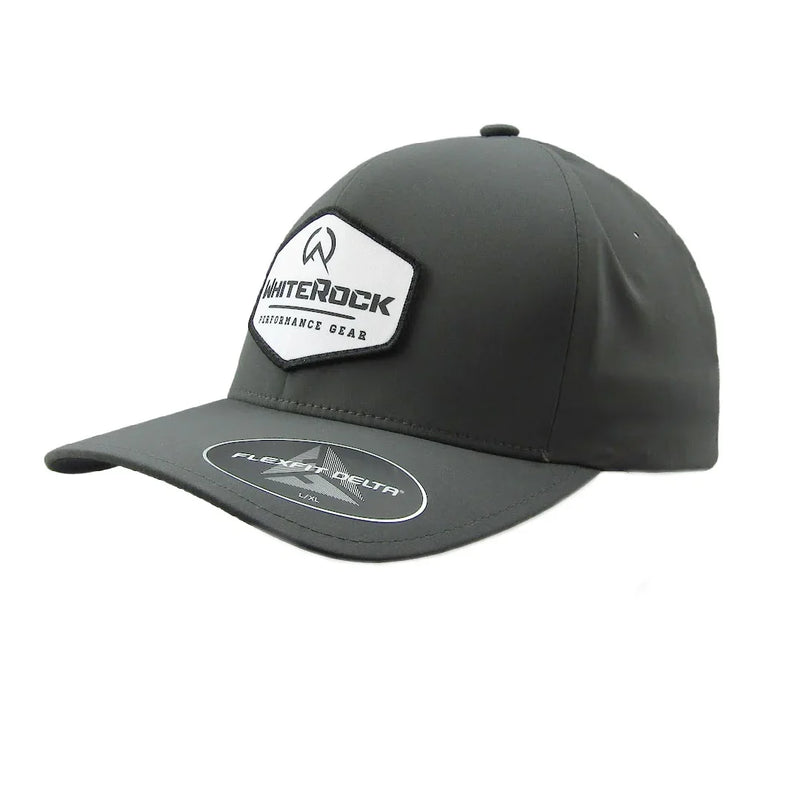 Load image into Gallery viewer, Grey White Rock performance gear Flexfit Delta cap with curved brim on white background
