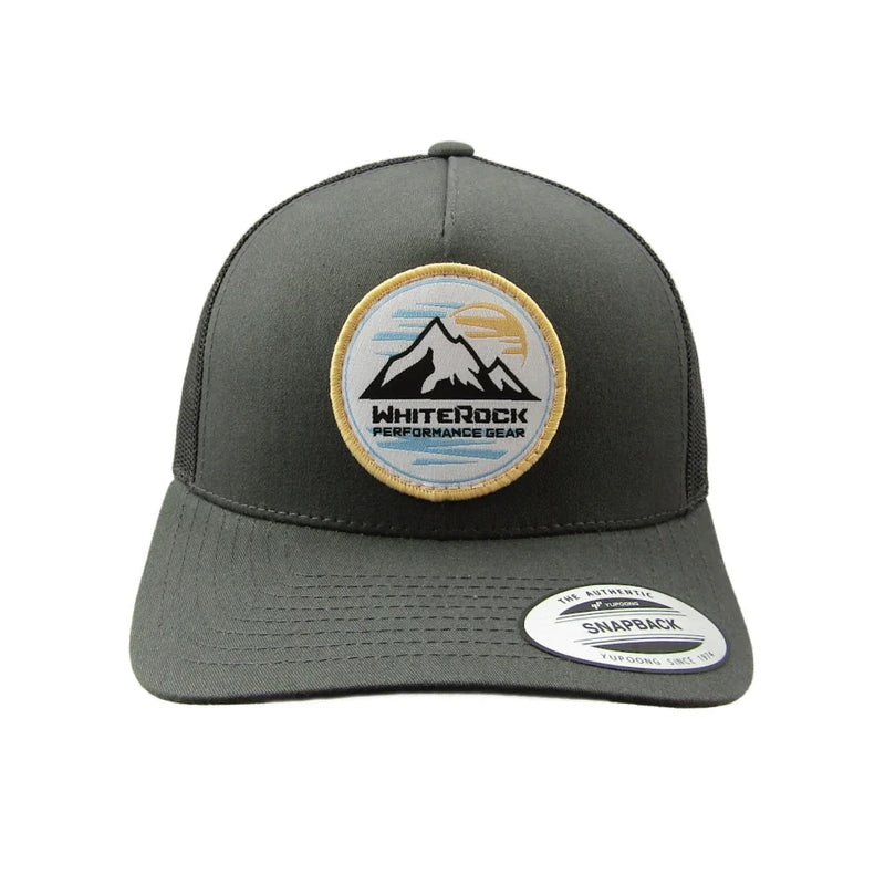 Load image into Gallery viewer, Grey mesh snapback hat with Whiterock Performance Gear logo patch featuring mountain and sun design

