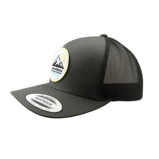 Grey mesh snapback cap with mountain patch logo and curved brim