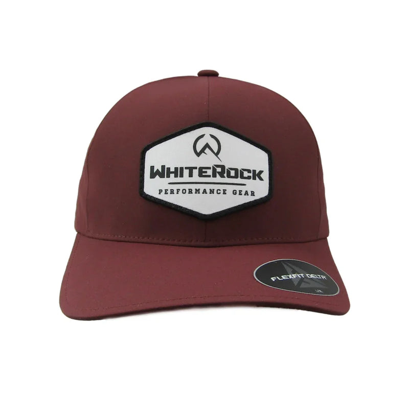Load image into Gallery viewer, Maroon WhiteRock performance gear baseball cap with black and white logo patch front view
