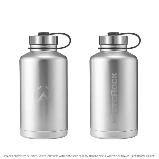 Double wall vacuum insulated stainless steel water bottle with embossed WhiteRock logo and brand name