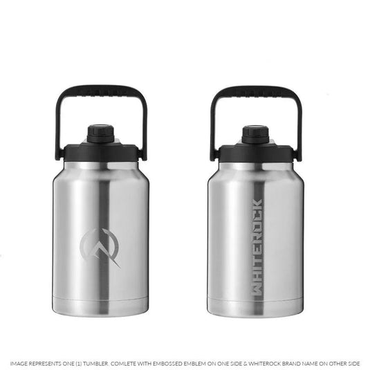 Stainless steel WhiteRock insulated canteen with black handle and cap, front and side view