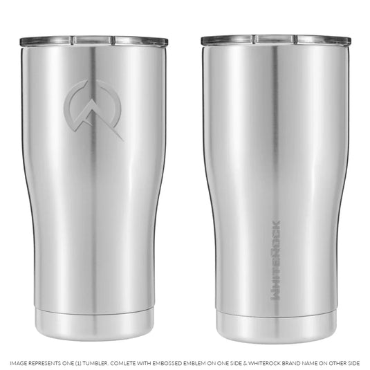 Stainless steel WhiteRock Pilgrim double wall vacuum insulated tumbler with embossed emblem and brand name