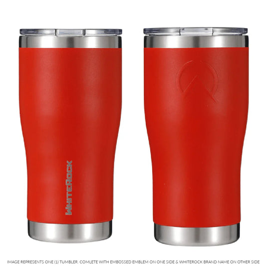 Red WhiteRock insulated tumbler with double wall vacuum, embossed emblem and stainless steel lid