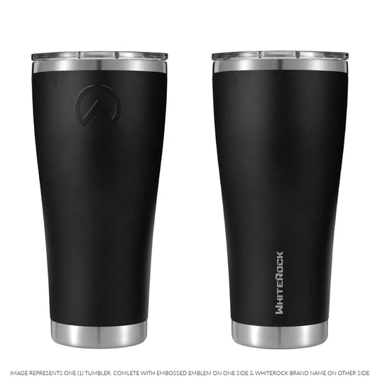 Black WhiteRock 30oz double wall vacuum insulated tumbler with embossed logo and stainless steel accents