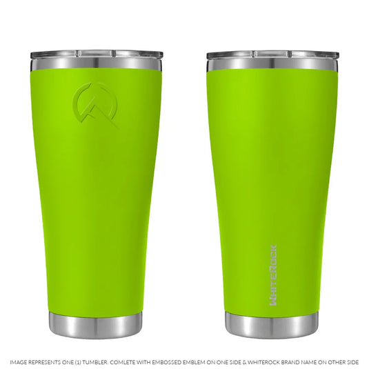 Citrus lime WhiteRock Pioneer double wall vacuum insulated tumbler with embossed emblem and silver rim