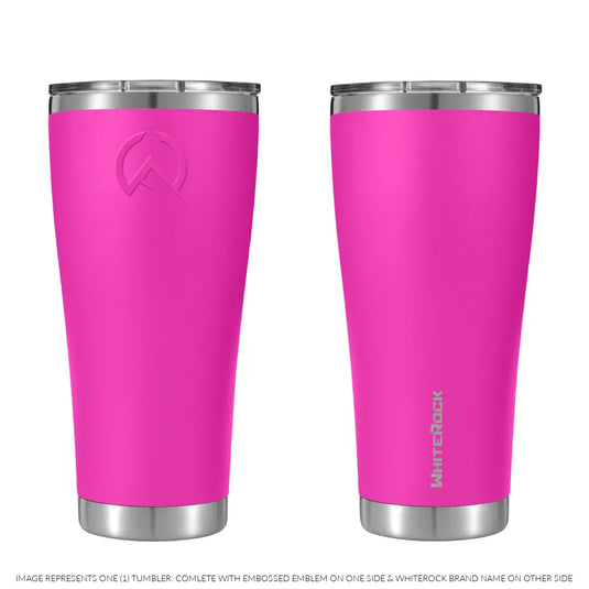 Bright pink WhiteRock double wall vacuum insulated tumbler with embossed emblem and silver lids