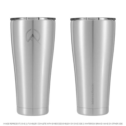 WhiteRock Pioneer double wall vacuum insulated 30oz stainless steel tumbler showing front and back sides